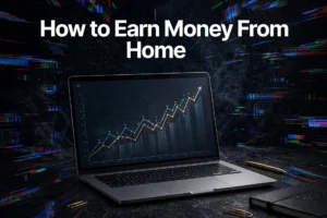 How to Earn Money From Home - laptop showing income growth chart with glitch background